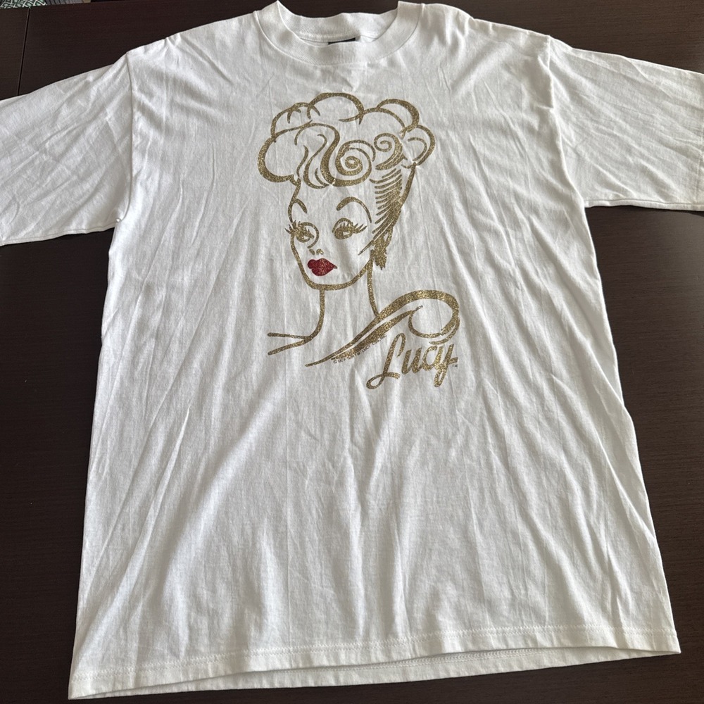Vintage 1991 I Love Lucy Diamond Dust White Glitter Graphic Tee Hybrid Stitch L